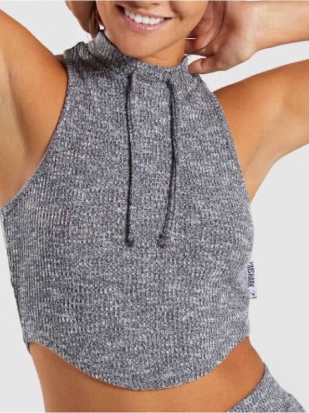 Gymshark Slounge Heathered Gray Ribbed Knit Drawstring Tank Crop Top Size Small